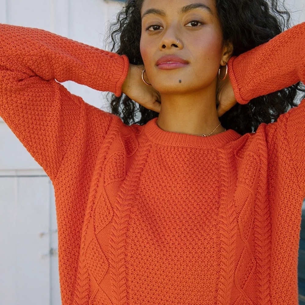 Tradlands Modern Fisher Cotton Sweater Cable Knit Red Orange Size XS